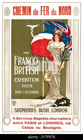 Anonymer Künstler - DIE FRANZÖSISCH-BRITISCHE AUSSTELLUNG 1908 - Shepherds Bush, London - Chemin de fer du Nord, Vintage-Bahnposter Stockfoto