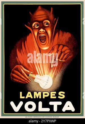 Lampes Volta - anonymer Künstler - Vintage-Poster für elektrische Glühbirne - Volta 0,5 Watt - Belgien 1920er Jahre - Roter Teufel, der Glühbirne hält Stockfoto