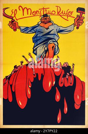 Vintage-Poster El Monstruo Ruso (das russische Monster), 1936 - antikommunistische Propagandaplakat Pub. Während des Spanischen Bürgerkriegs Stockfoto