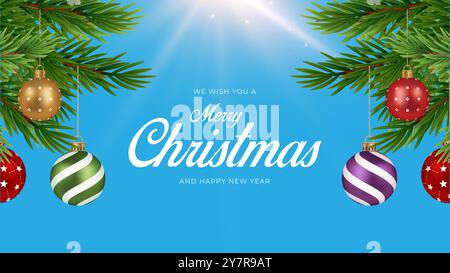 Weihnachtsgrüße Vektor Hintergrund Design. Weihnachtsgrüßtext mit Kiefer, Zuckerrohr und Geschenkboxen mit Ornamenten und Dekorationselementen. Stock Vektor