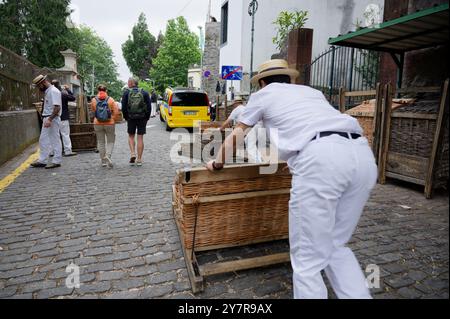 Touristen spazieren durch die Carreiros und arrangieren Korbschlitten für die berühmte monte Rodelfahrt auf Madeiras kopfsteingepflasterten Straßen Stockfoto