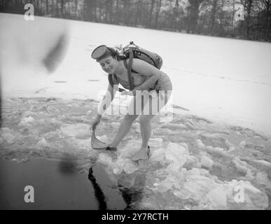 IN EIS EINGEBETTET. Jeden Sonntag taucht eine Gruppe von Enthusiasten in ihren Anzügen in die eiskalten Gewässer des Laughing Water Creek, Dartford, Kent. Aber heute, bevor sie schwimmen konnten, mussten sie das dicke Eis brechen. I.N.P. FOTOSHOWS. Miss Pauline M. Ady, 24 Jahre alt, aus Teddington, schwimmt in Apparaten Stockfoto