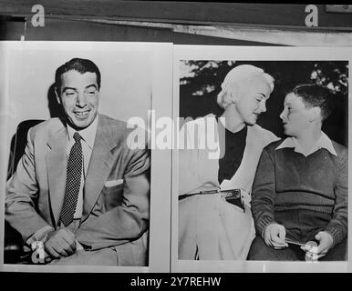 BASEBALLSPIELER und SCHAUSPIELERIN STREITEN SICH UM DEN SOHN 6.1.54 Star American Baseballspieler Joe DiMaggio, ehemaliger Center Fielder für die New York Yankees, und seine ehemalige Frau, Schauspielerin Dorothy Arnold, sind beide vor Gericht über ihren 11-jährigen Sohn Joseph Paul DiMaggio erschienen. Die ehemalige Mrs. DiMaggio bittet darum, den monatlichen Betrag für ihren Sohn von 150 Dollar, die 1944 von einem kalifornischen Scheidungsgericht gewährt wurden, auf 1.000 Dollar zu erhöhen. Joe DiMaggio behauptet, dass er mehrfach daran gehindert wurde, seinen Sohn zu sehen. Stockfoto