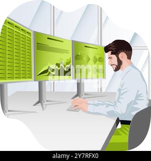 Ein Mann studiert die Berichte, um Probleme im Entscheidungsprozess zu identifizieren und zu verstehen. Geschäftskonzept. Illustration des flachen Vektors. Stock Vektor