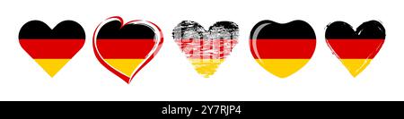 Set aus kreativen Herzformen mit der Flagge Deutschlands. Klassischer und handgezeichneter Kunststil. Tourismussymbol. Willkommen beim deutschlandweiten Markenkonzept für Reisebüros Stock Vektor