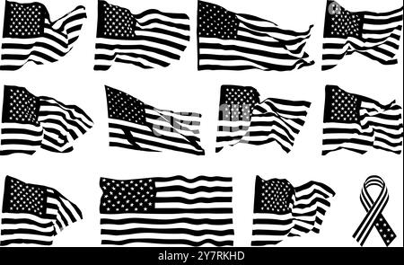 Flaggenset der Vereinigten Staaten von Amerika, Sammlung von wehenden Flaggensilhouetten im Wind, Set der Unabhängigkeit, Symbol der amerikanischen Flagge Stock Vektor