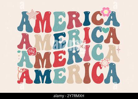 Groovy America, Floral USA Sublimation, Distressed USA T-Shirt Design Stock Vektor