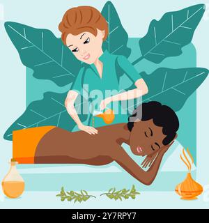 Aromatherapie-Massage. Therapie und Behandlung durch den professionellen Therapeuten im SPA. Abbildung isolierter flacher Vektor. Europäische und afrikanische Ethnie. Stock Vektor