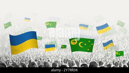 Die Menschen schwenken die Flagge der Kokosinseln und der Ukraine und symbolisieren die Solidarität der Kokosinseln für die Ukraine. Vektorabbildung. Stock Vektor