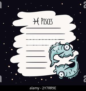 Einfache Vektor-Notizblock-Seitenvorlage mit Pisces-Sternzeichen. Astrologische Symbole des Horoskops. Karte für Textwünsche, Vorhersagen Stock Vektor