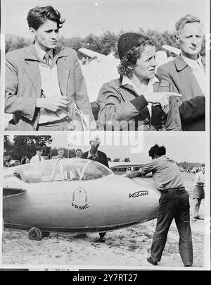 DEUTSCHE SEGELFLIEGERFLIEGERIN 30.7,53. Beim größten Segelflugturnier in Deutschland seit dem Krieg war Flugkapitän Hanna Reitsch, eine bekannte Segelflugpilotin aus der Vorkriegszeit. Während des Krieges flog sie ein winziges Flugzeug in das glühende Berlin mit einer Mission nach Hitler, die damals im Bundeskanzlerbunker lebte. Foto zeigt Top: Hanna Reitsch zeigt Freunden beim Wettbewerb ein Detail in einem der Segelflugzeuge. Unten: Ein Segelflugzeug wird vor dem Wettkampf in letzter Minute poliert. 30. Juli 1953 Stockfoto