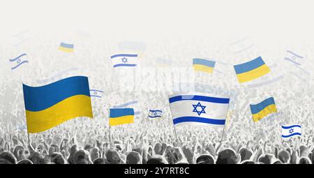 Die Menschen schwenken die Flagge Israels und der Ukraine und symbolisieren die israelische Solidarität für die Ukraine. Vektorabbildung. Stock Vektor