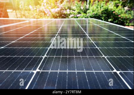 Thema Solarenergietechnologie. Sonnenblende auf unscharfem grünem natürlichem Hintergrund reinigen Stockfoto