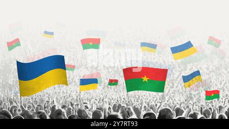 Die Menschen schwenken die Flagge von Burkina Faso und der Ukraine und symbolisieren damit die Solidarität Burkina Fasos mit der Ukraine. Vektorabbildung. Stock Vektor