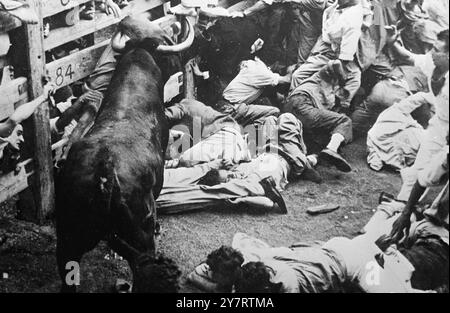 PANIK AUF DEM STREETSTHE Nervenkitzel des Stierrings reichen den jungen Männern aus Pamplona, Spanien, nicht aus, und für das Festival von San Fermin werden die Stiere vom Bahnhof zur Arena durch die Straßen getrieben. Hunderte Jugendliche laufen vor den Stieren durch die Straßen und viele werden von den verrückten Tieren gefangen und schwer verletzt. Das Foto zeigt, dass Ein Junge von einem der Kampfstiere an einem Zaun festgehalten wird, während Menschen, die von Angst betroffen sind, einander überfallen, um den Tieren zu entkommen. 7. - 14. Juli 1953 Stockfoto