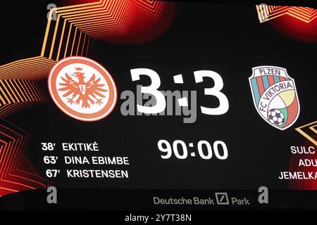 . Scoreboard, 3:3 beim Spiel der UEFA Europa League 2024/25 League Phase MD1 zwischen Eintracht Frankfurt und FC Viktoria Plzen am 26. September 2024 im Deutsche Bank Park in Frankfurt am Main. Defodi-747 WD1 5385 *** Scoreboard, 3 3 beim Spiel der UEFA Europa League 2024 25 League Phase MD1 zwischen Eintracht Frankfurt und FC Viktoria Plzen im Deutschen Bank Park am 26. September 2024 in Frankfurt am Main Defodi 747 WD1 5385 Defodi-747 Stockfoto