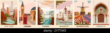 Set mit Postern zum Reiseziel im Retro-Stil. Stock Vektor