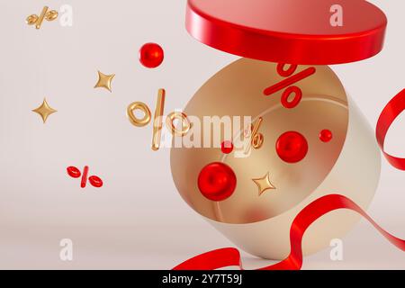 Festliche, offene Geschenkbox mit goldenen und roten Prozent-Symbolen, goldenen Sternen und roten dekorativen Kugeln. Das Band fügt eine Feier hinzu Stockfoto