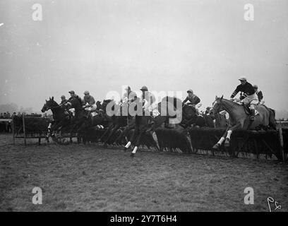 BOXING DAY FLUG AM KEMPTON Fine Flight, da das Feld die erste Hürde beim Hounslow Handicap Hürdenrennen bei Kempton Park Races heute ( Boxing Day ) am 26. Dezember 1950 nimmt Stockfoto