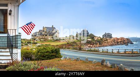 Cape Ann Halbinsel Bass Rock malerische Küstenlinie in der Nähe von Rockport, Massachusetts, USA Stockfoto