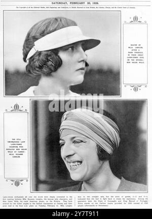 Miss Helen Wills und Mlle Suzanne Lenglen traten beide für die Damen-Singles im Carlton-Turnier in Cannes ein , und ihr großes Duell im Finale fand am 16 . Februar 1926 statt . Mlle Lenglen siegte in zwei Reihen, aber das Ergebnis der Spiele 6-3 und 8:6. Sie musste hart kämpfen, um ihre Vorherrschaft zu bewahren 20. Februar 1926 Stockfoto