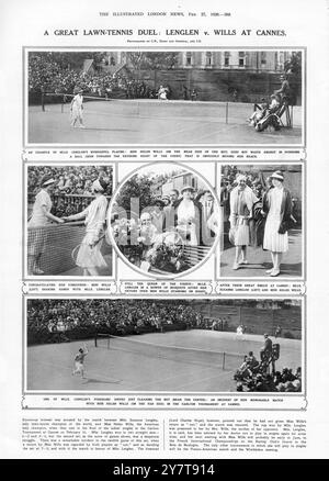 Ein großes Rasen-Tennis-Duell: Suzanne Lenglen bv Helen Wills in Cannes, das als das Spiel des Jahrhunderts bekannt wurde. Das Finale der Ladies' Singles beim Carlton Tournament in Cannes, Frankreich am 16. Februar 1926 gewann Mlle Lenglen in zwei Reihen - 6:3, 8-6 . Aber der zweite Satz war ein verzweifelter Kampf , es gab einen bemerkenswerten Vorfall im zwölften Spiel dieses Satzes , als eine Rückkehr von Miss Wills von beiden Spielern als "Out" und als Entscheidung für den Satz 7-5, und damit das Spiel zu Gunsten von Mlle Lenglen betrachtete . Der Linienmann ( Lord Charles Hope ) wies jedoch darauf hin, dass er sich darauf verwies Stockfoto