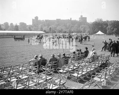 PFERDESHOW IN WINDSOR Ein allgemeiner Überblick über die Beurteilung in der Leichtgewicht-Hunter-Klasse, während die Royal Windsor Horse Show ihr dreitägiges Programm im Home Park, Windsor Castle heute (Donnerstag) beginnt. Die Burg ist im Hintergrund zu sehen. 11. Mai 1950 Stockfoto