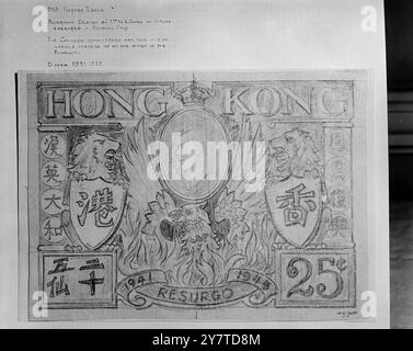P.O.W's STEMPEL , IN DER KING's COLLECTION, DIE IN LONDON GEZEIGT WERDEN SOLL Ein Stempel, entworfen und gezeichnet von einem Postbeamten aus Hongkong, während er in japanischer Hand war, und jetzt in die King's Collection aufgenommen, gehört zu vielen wertvollen Exponaten, die bei der internationalen Briefmarkenausstellung am 6. Mai im Grosvenor House in London gezeigt werden. Der Stempel wurde von Mr. W.E. entworfen Jones während der Internierung im Lager Stanley. Eine leichte Änderung des Designs wurde vorgenommen - der König wurde im Profil statt im Vollbild gezeigt. Über eine halbe Million Briefmarken im Wert von 2,5 Millionen Pfund werden in der Ausstellung gezeigt Stockfoto