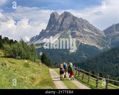 Wanderer in den Dolomiten im Pustertal. Im Hintergrund der Großen und Kleinen Peitlerkofel. Stockfoto