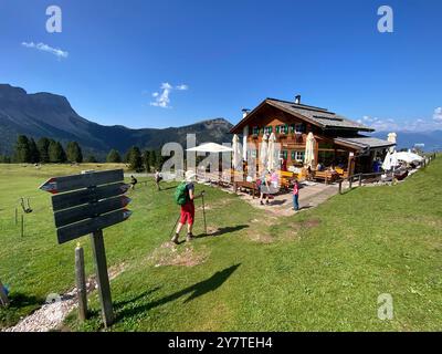 Wanderin bei der Gschnagenhardt-Alm, Villnößtal Stockfoto