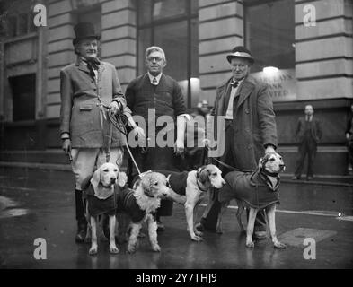 John Peels Hunde kommen zu Fleet StreetStrange Sight - das könnte nur am Cup Tie Day passieren - in Fleet Street , London : John Peel of Song and Legend ( Charlie Dixon ) mit seinen Hunden und mit Gretna Green Schmied Richard Rennison ( Mitte ) und Michael Power als Jagdmann . Sie stammen aus Carlisle und werden im kommenden August auf dem historischen Festakt der Stadt erscheinen. Sie sind heute in London, um am 6. Januar 1951 beim Spiel Carlisle gegen Arsenal in der dritten Runde des FA Cups in Hghbury teilzunehmen Stockfoto