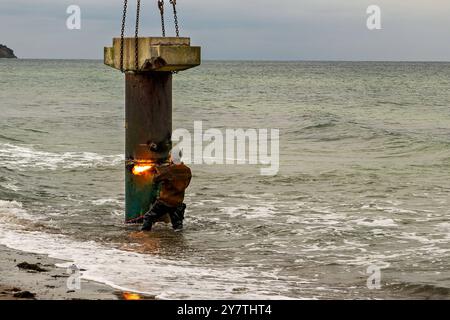 30.09.2024 die Seebrücke im Ostseebad Rerik im Landkreis Rostock in Mecklenburg-Vorpommern, wird zurzeit abgebaut. Ein Kran hatte heute diesen ersten Pfeiler aus dem Wasser ans Land gebracht. Zahlreiche Schaulustige verfolgten vorher das Spektakel, als ein Schweißer die Metallkonstruktion eines Peeilers durchtrennte. Die Brücke war seit vier Jahren wegen massiver Schäden gesperrt. Die Sanierung ließ sich auf sich warten. 2025 soll sterben 170 Meter lange Brücke wieder für die Öffentlichkeit freigegeben werden. Rerik haffanleger Mecklenburg-Vorpommern Deutschland *** 30 09 2024 der Pier in der Ostsee Stockfoto