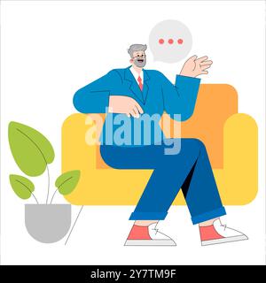 Reifer Geschäftsmann, der sich auf dem Sofa in ungezwungener Büroumgebung entspannt und sich mit Gesprächen auseinandersetzt. Corporate Lifestyle Konzept. Vektorabbildung. Stock Vektor