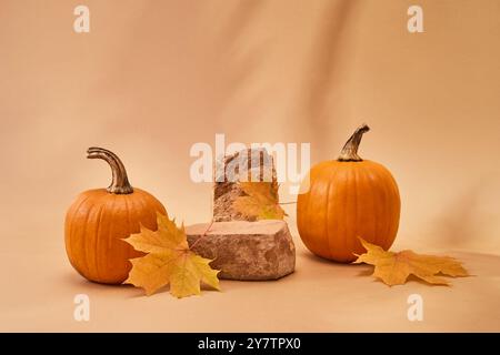 Herbstliches leeres Podium mit Herbstblättern und Kürbissen. Stockfoto