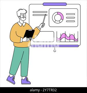 Geschäftsmann-Konzept. Ein Profi, der Daten mit Grafiken auf einer digitalen Platine präsentiert. Leistungsanalyse, strategische Planung im Unternehmen. Vektorabbildung. Stock Vektor