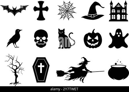 Set von Halloween Silhouetten isoliert auf weiß Stock Vektor