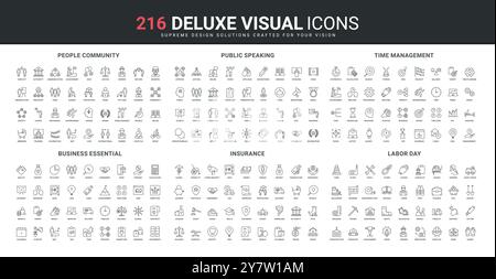 Geschäftsprojekt und Kommunikation, öffentliches Reden und Versicherung, Arbeit und Gesundheitsschutz Linie Symbolsatz. Erfolg, Zeitmanagement dünne schwarze Umrisssymbole Vektorillustration Stock Vektor