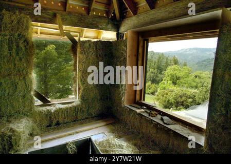 Cazadero, Kalifornien - Strohballen werden für den Bau eines ansonsten traditionellen Cotswald Cottages verwendet, das in den Hügeln des Sonoma County hinaufgeht. Das Haus mit zwei Schlafzimmern und zwei Badezimmern, das für James Yates aus San Francisco gebaut wird, verfügt über Reistrohballen, die auf der Außenseite des Hauses gestapelt und dann mit einer dicken Schicht Gipskement beschichtet sind. Häuser mit Strohballen-Komponenten werden immer beliebter bei Menschen, die nach erschwinglichem Wohnraum und Luxus suchen. Foto am Sonntag, 28. April 2002. Stockfoto