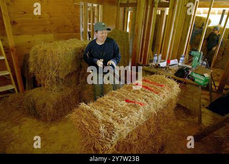 Cazadero, Kalifornien - Janet R.. Johnston, ein Architekt mit geschickten Mitteln, schneidet am Sonntag, dem 28. April 2002, einen Strohballen in einem Schlafzimmer eines traditionellen Cotswalder Cottage aus Strohballen. Strohballen werden für den Bau eines ansonsten traditionellen Cotswaldhauses verwendet, das in den Hügeln des Sonoma County hinaufgeht. Das Haus mit zwei Schlafzimmern und zwei Badezimmern, das für James Yates aus San Francisco gebaut wird, verfügt über Reistrohballen, die auf der Außenseite des Hauses gestapelt und dann mit einer dicken Schicht Gipskement beschichtet sind. Häuser mit Strohballen-Komponenten sind zunehmend populär geworden Stockfoto