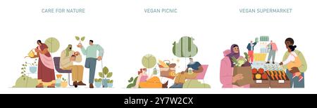 Veganes Lifestyle-Set. Illustration umweltfreundlicher Aktivitäten: Gartenarbeit, Picknick und Shopping. Förderung von pflanzenbasiertem Leben mit unterschiedlichen Charakteren. Vektorabbildung. Stock Vektor