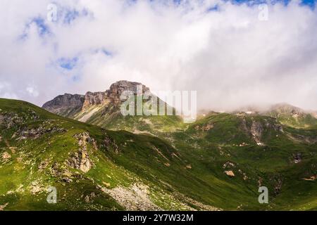 Atemberaubende Ausblicke auf hoch aufragende Berge mit grüner Vegetation entlang der Großglockner Hochalpenstraße. Abenteuer, Erkundungen, Wandern. Österreich Stockfoto