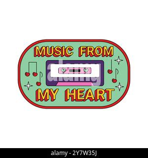 Grooviger Aufkleber mit Musik von meinem Herzen Text, Kirschnotizen und Retro-Audio-Kassetten-Vektor-Illustration Stock Vektor