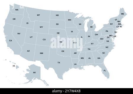 Die Vereinigten Staaten von Amerika, graue politische Karte. Karte mit den Silhouetten von fünfzig bundesstaaten und Postabkürzungen und mit District of Columbia. Stockfoto