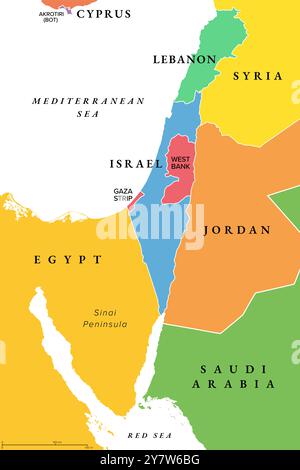 Israel und die Sinai-Halbinsel, bunte politische Karte. Südlevante, trockene geografische und historische Region. Stockfoto