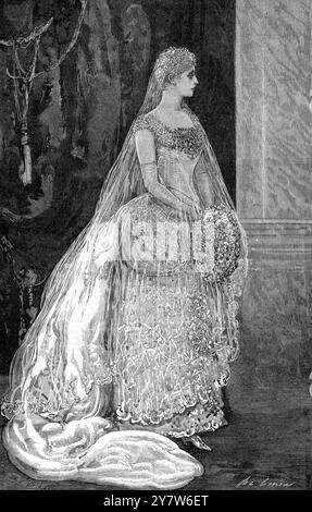 Prinzessin Victoria von Hessen in ihrem Hochzeitskleid. Die Heirat der Enkelin von Königin Victoria, Prinzessin Victoria von Hessen-Darmstadt, mit Prinz Ludwig von Battenberg wurde am vergangenen Mittwoch, dem 30. April 1884, in Anwesenheit Ihrer Majestät, des Prinzen und Prinzessin von Wales, des Kronprinzen und der Prinzessin von Deutschland sowie anderer Mitglieder und Realtives der Königsfamilie gefeiert. 3. Mai 1884 Stockfoto