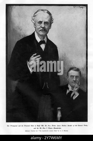 Der Protagonist und sein finanzieller Stabschef: Der Rt Hon Arthur James Balfour, Führer der Unionistischen Partei, und der Rt Hon J Austen Chamberlain. Künstler : AC Michael 10. Dezember 1910 Stockfoto