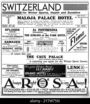 Werbung für verschiedene Skiurlaubshotels und -Resorts in der Schweiz, wie in den Illustrated London News.12. November 1932 veröffentlicht Stockfoto