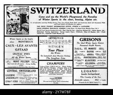 Werbung für verschiedene Skiurlaub-Hotels und -Resorts in der Schweiz, wie in den Illustrated London News.9. Dezember 1922 erschienen Stockfoto
