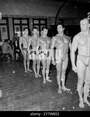 Massive Chested Quartet sind Teilnehmer des Mr Universe Titelwettbewerbs, der während der Vorurteile in einem Londoner Hotel gesehen wurde. Von links nach rechts sind Louis Bauduin (Belgien), Thomas Cameron (Schottland), Churchill Spencer (England) und Juan Ferrero (pf Spanien). Fünfzig muskulöse Männer aus 14 Ländern nehmen an dem Wettbewerb Teil, der von der National Amateur Body-Builders' Association organisiert wird. 1. September 1951 Stockfoto