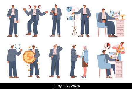 Geschäftsmann-Set. Verschiedene Büroszenarien mit Analysen, Führungsqualitäten und Zusammenarbeit. Berufliche Momente im Unternehmensleben. Vektorabbildung. Stock Vektor